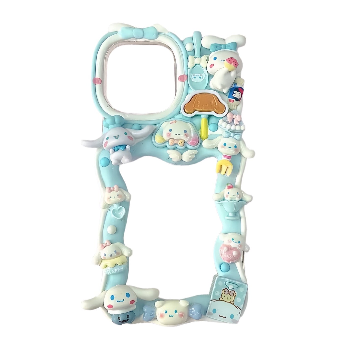 Cinnamoroll decoden card holder phone case with soft blue whipped cream texture and cloud puppy decorations