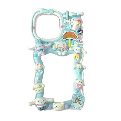 Cinnamoroll decoden card holder phone case with soft blue whipped cream texture and cloud puppy decorations