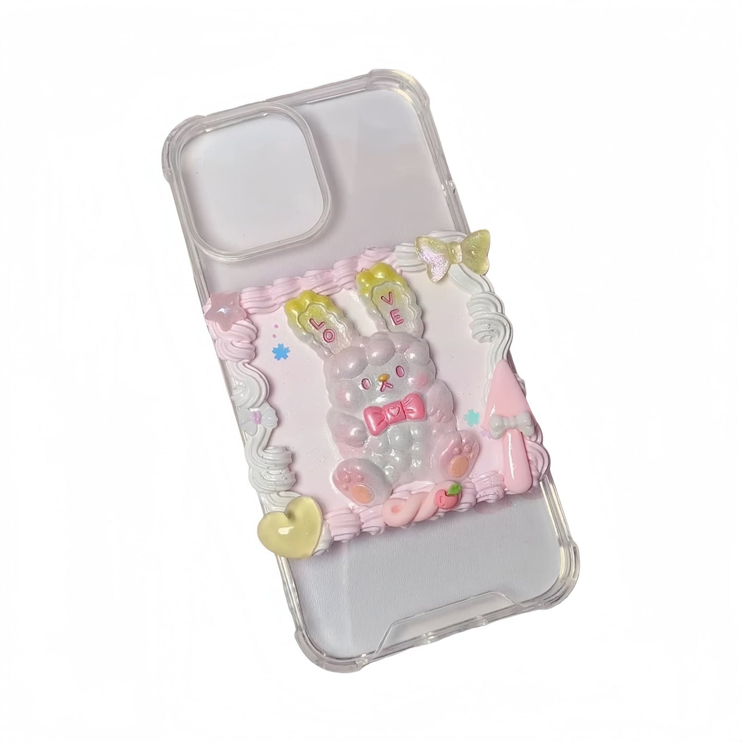 Pink decoden phone case featuring handcrafted mirror cream glue finish and cute accessories