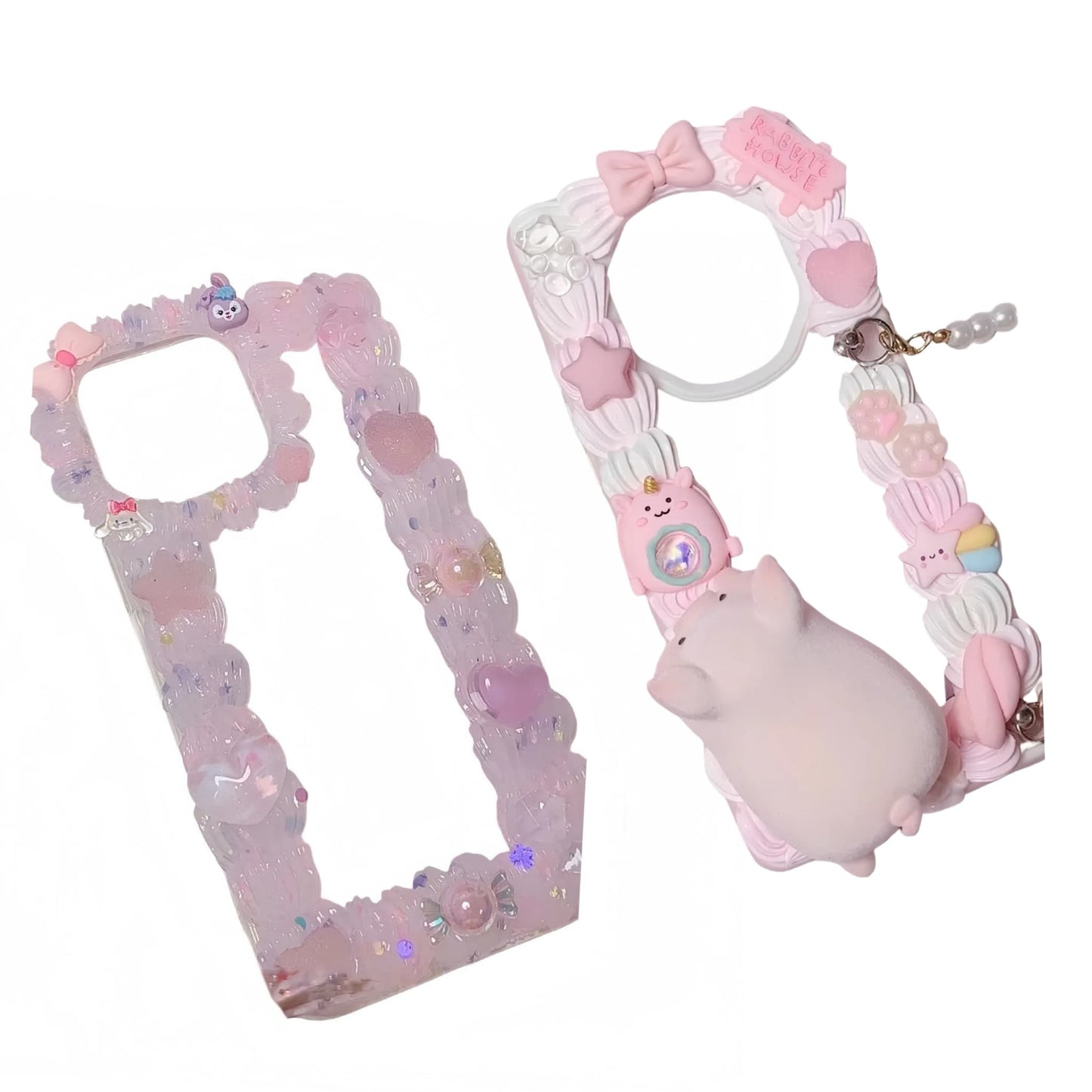 Pink handmade decoden phone case with rabbit cream glue design and kawaii decorative charms