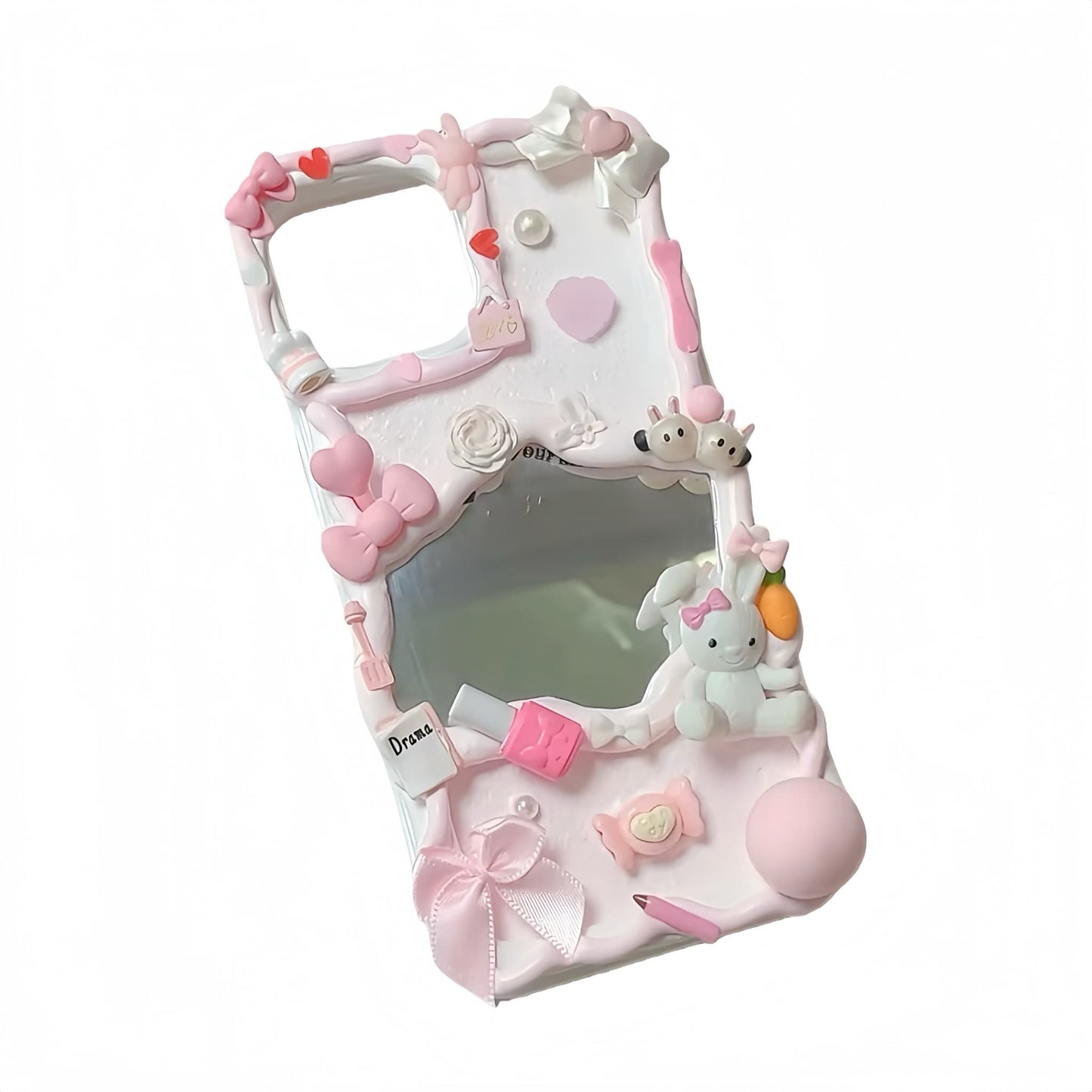Custom kawaii decoden phone case with shimmering mirror cream glue embellishments and unique handmade details