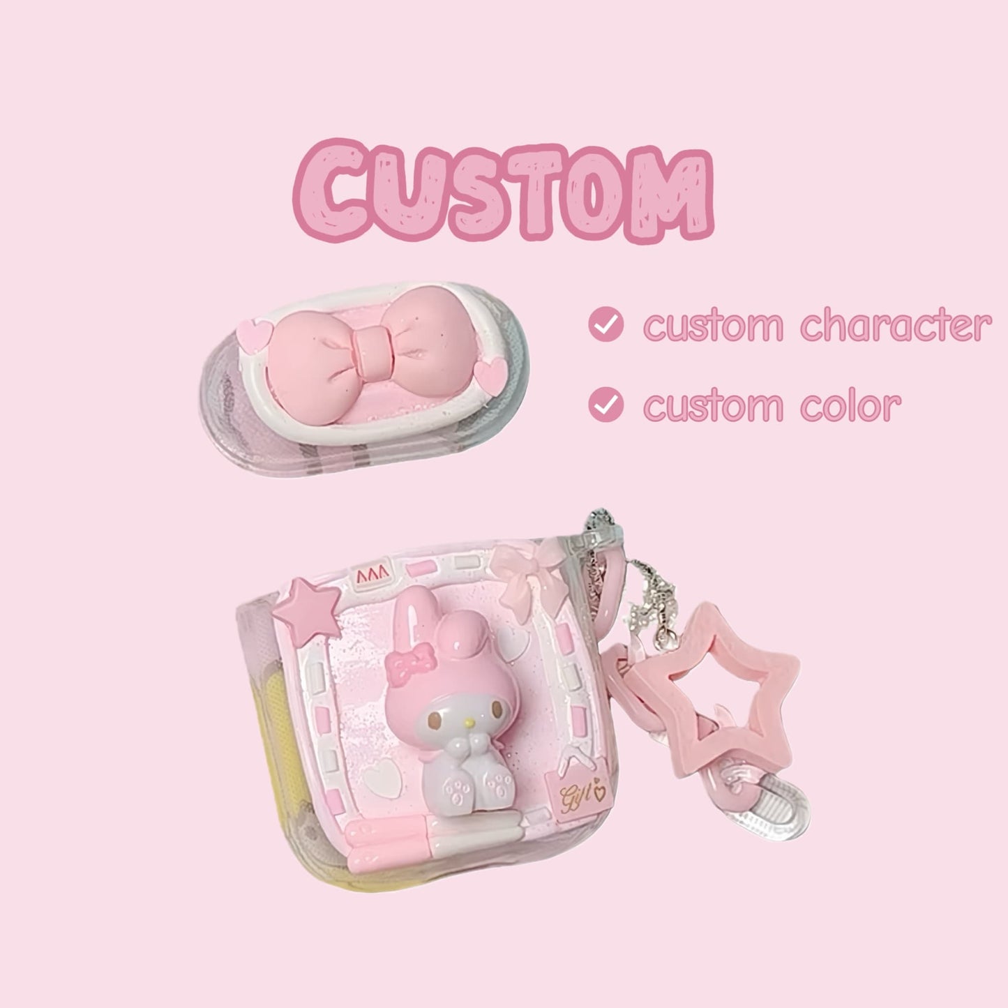 Custom decoden AirPods case with cream glue and charms in pink and white theme