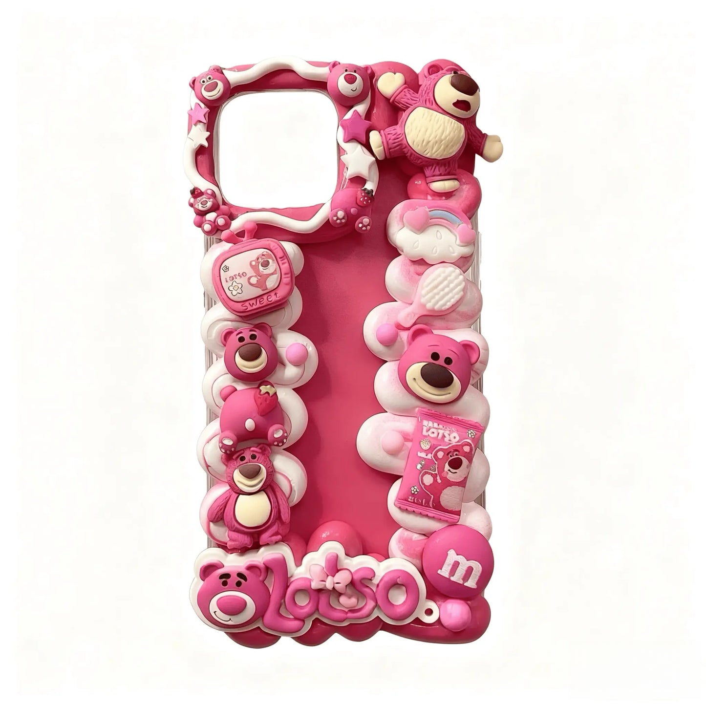 Custom pink Lotso decoden phone case with kawaii charm decorations, gift-ready presentation in Baroque Y2K style