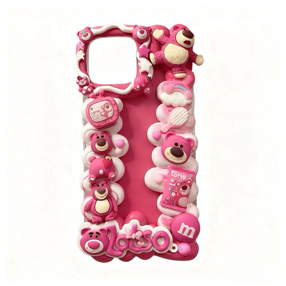 Custom pink Lotso decoden phone case with kawaii charm decorations, gift-ready presentation in Baroque Y2K style