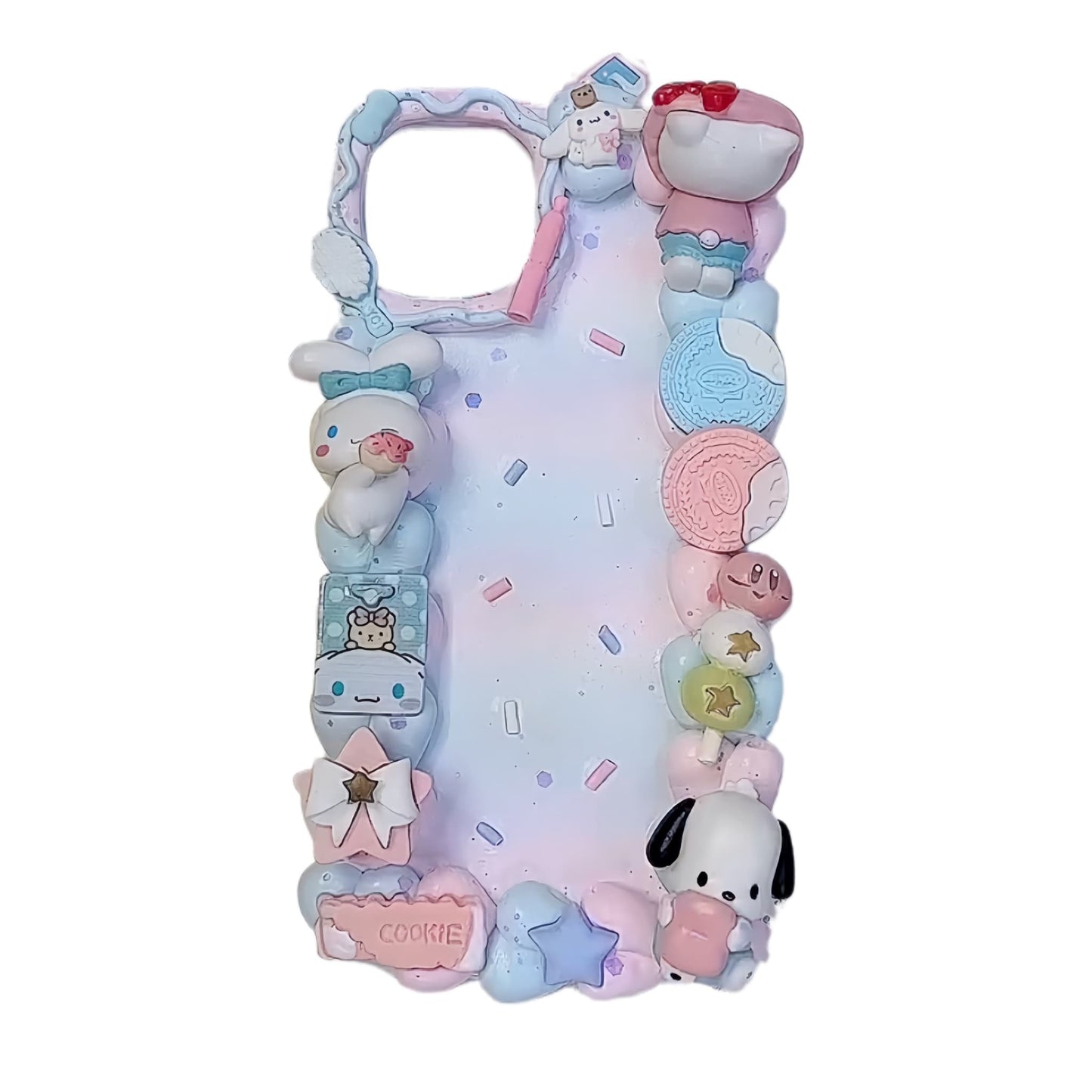 Custom blue decoden phone case featuring handcrafted Sanrio characters, 3D cream glue texture, and Y2K inspired decorations