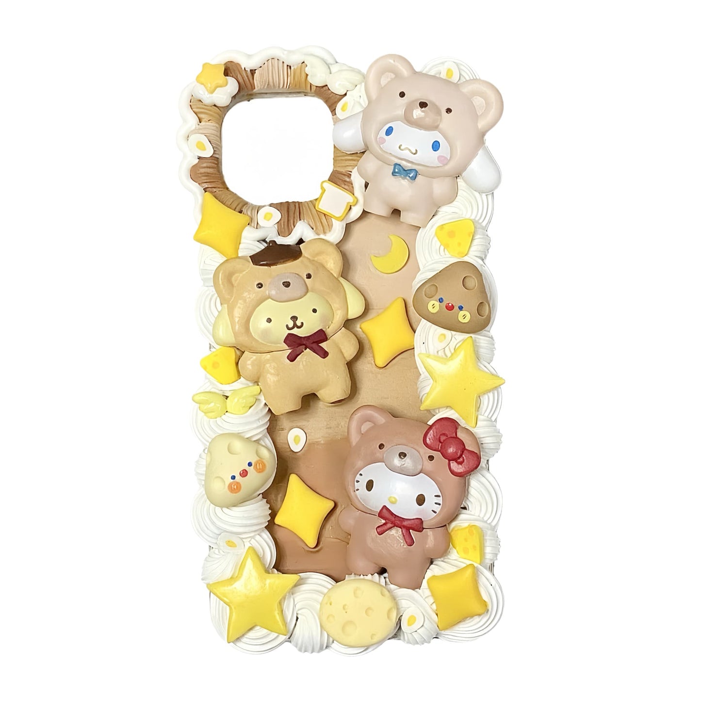 Handmade baroque decoden phone case with 3D Sanrio characters in brown and cream Japanese-inspired design