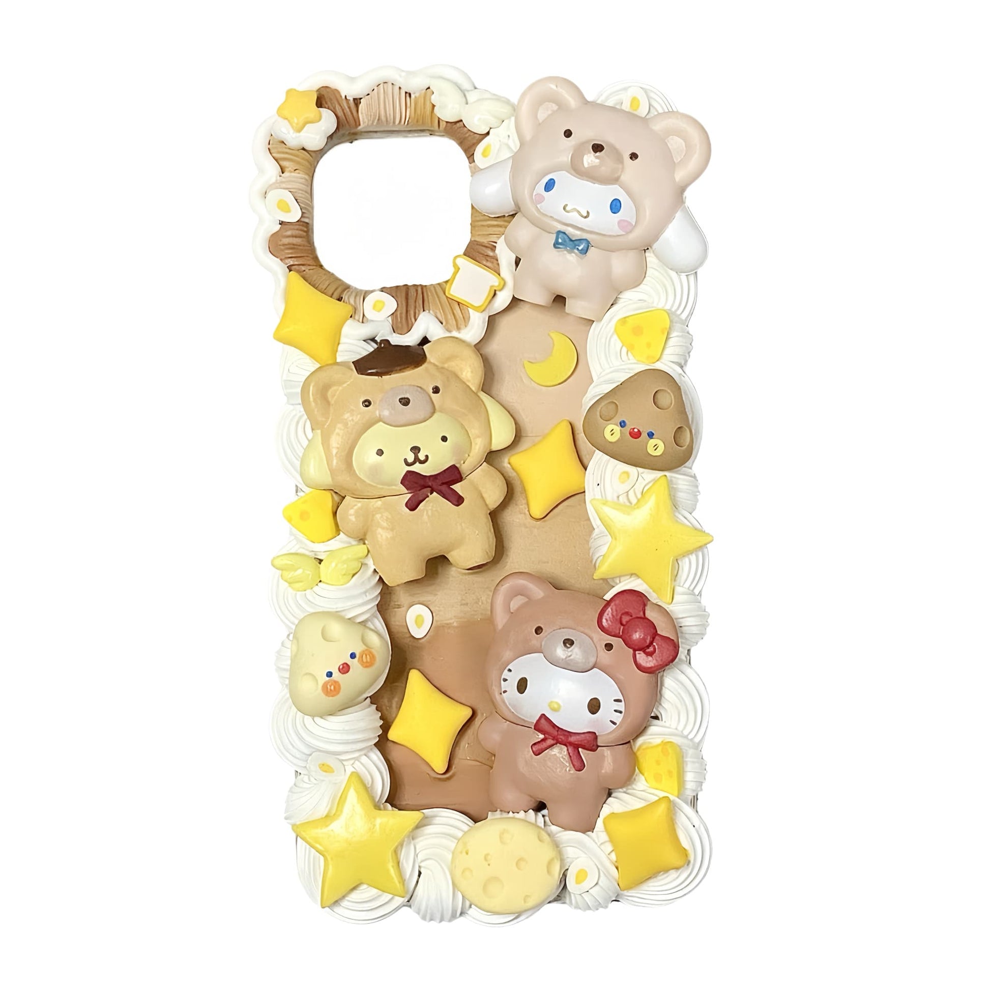 Handmade baroque decoden phone case with 3D Sanrio characters in brown and cream Japanese-inspired design