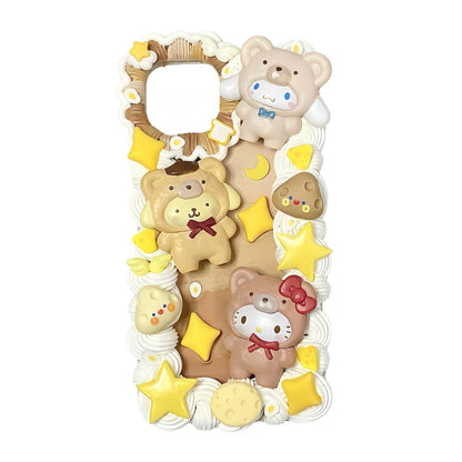 Handmade baroque decoden phone case with 3D Sanrio characters in brown and cream Japanese-inspired design