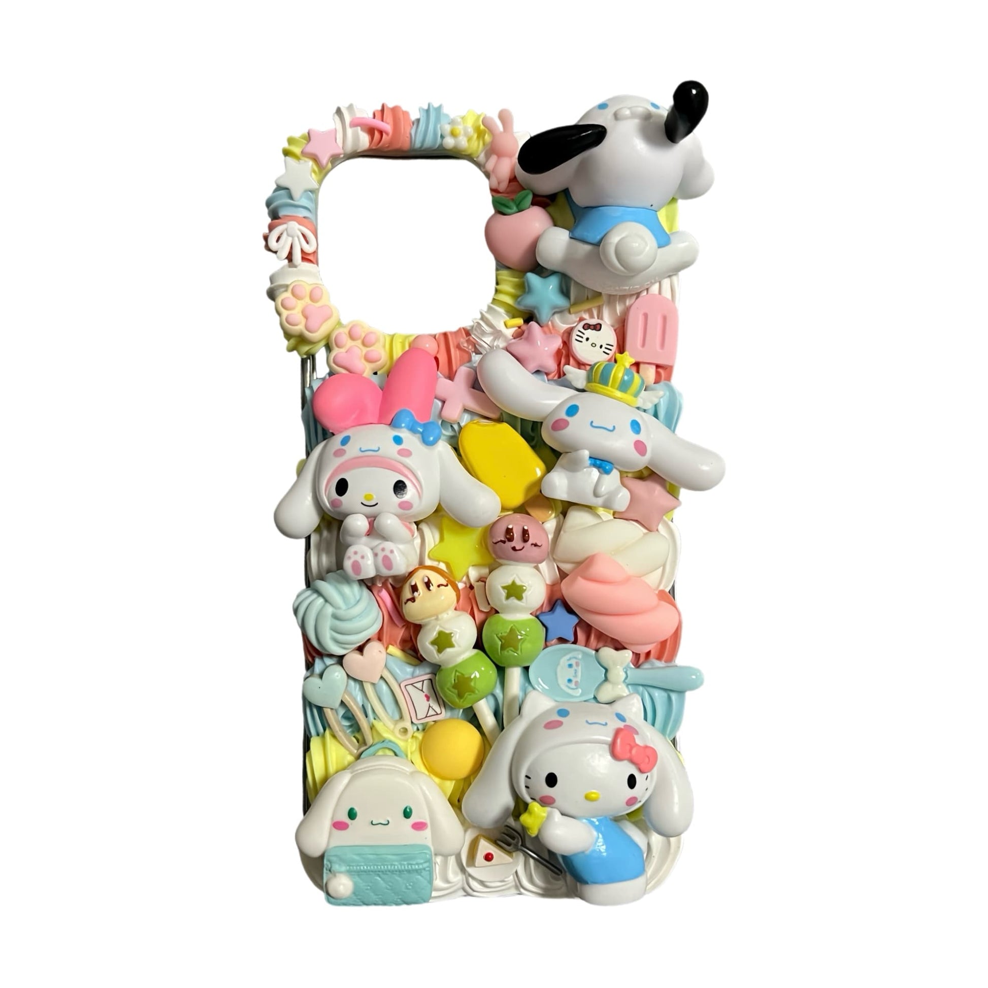 Handmade Y2K Sanrio decoden phone case with custom 3D cream glue design featuring kawaii characters and baroque embellishments