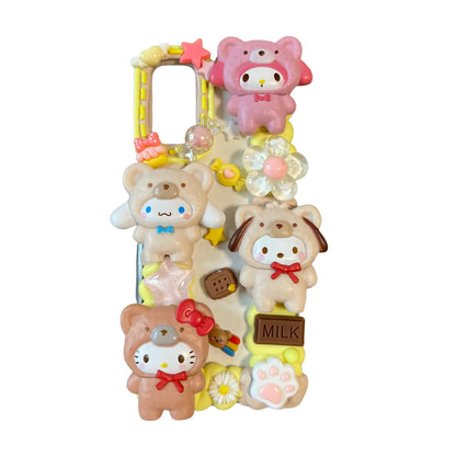 Custom brown decoden phone case featuring handcrafted 3D Sanrio charms with Japanese aesthetic and baroque pearls