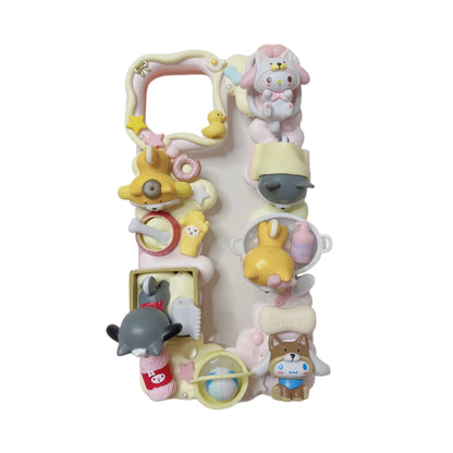 Custom pink decoden phone case featuring handcrafted 3D Sanrio charms with baroque pearls and kawaii spa aesthetic