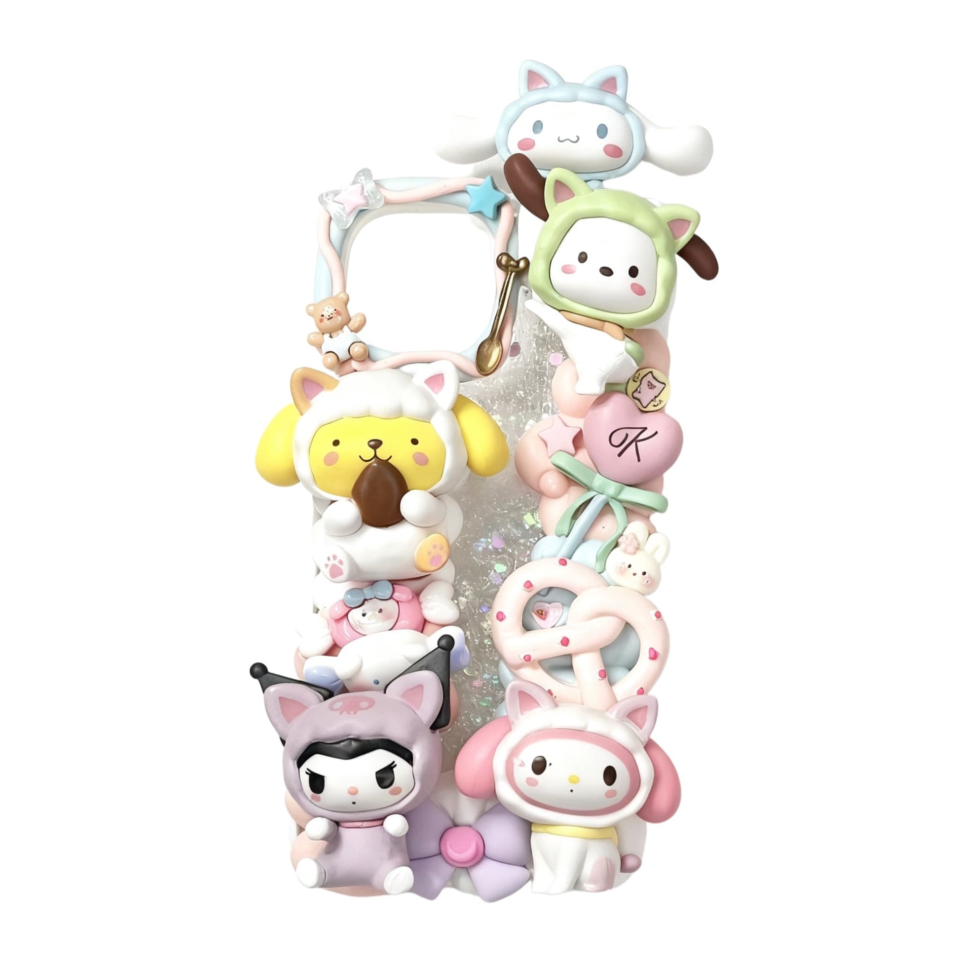 Handmade kawaii Sanrio decoden phone case with 3D whipped cream design and pastel character decorations