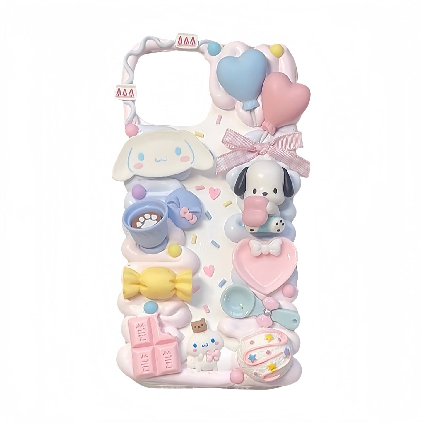 White kawaii Sanrio decoden phone case with handmade 3D cream glue design and baroque embellishments