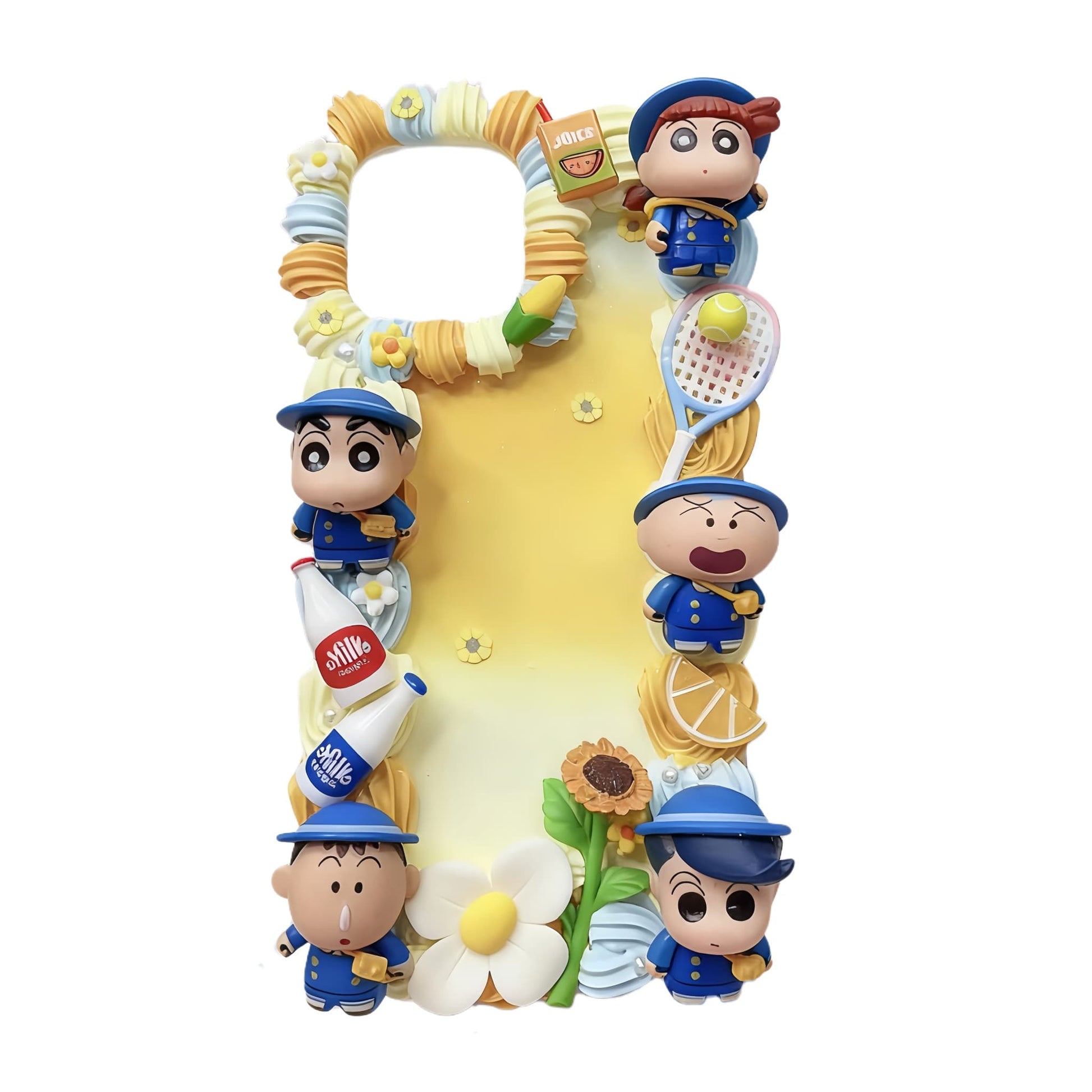 Handmade kawaii Crayon Shin-chan decoden phone case with cream glue design, featuring baroque-inspired embellishments and Y2K aesthetic