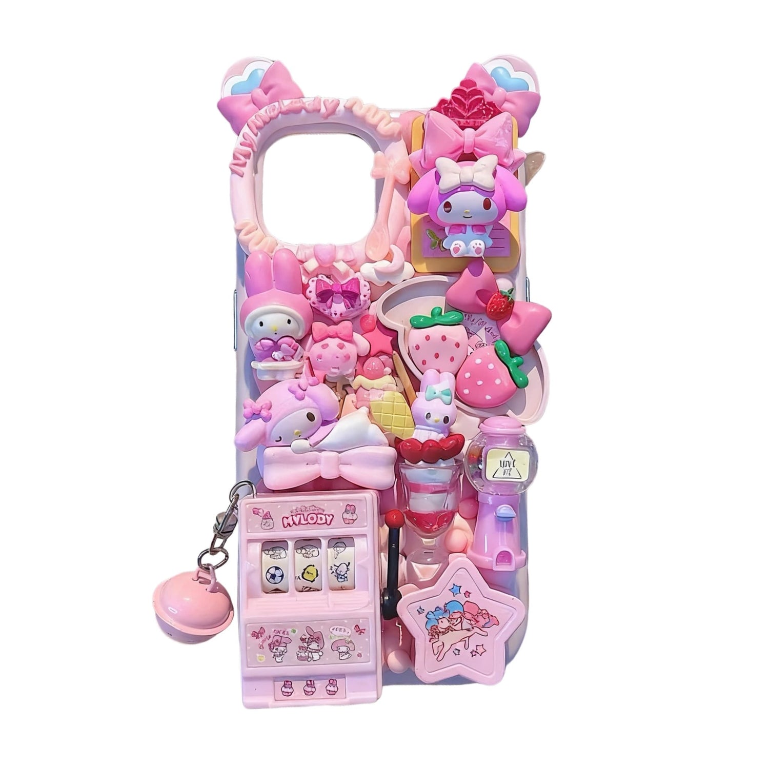 Handmade decoden phone case featuring Sanrio My Melody character with cream glue design, adorned with pearls, rhinestones and kawaii baroque-style decoration