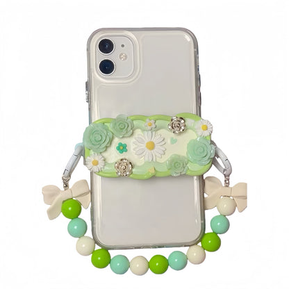 Handmade Decoden Phone Back Clip featuring Daisy Duck character in fairytale Y2K style with pink pearls, rhinestones and whipped cream details - luxury phone grip and kickstand