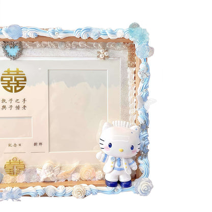 Blue handmade decoden marriage certificate frame with cream glue details and baroque-inspired decorative elements