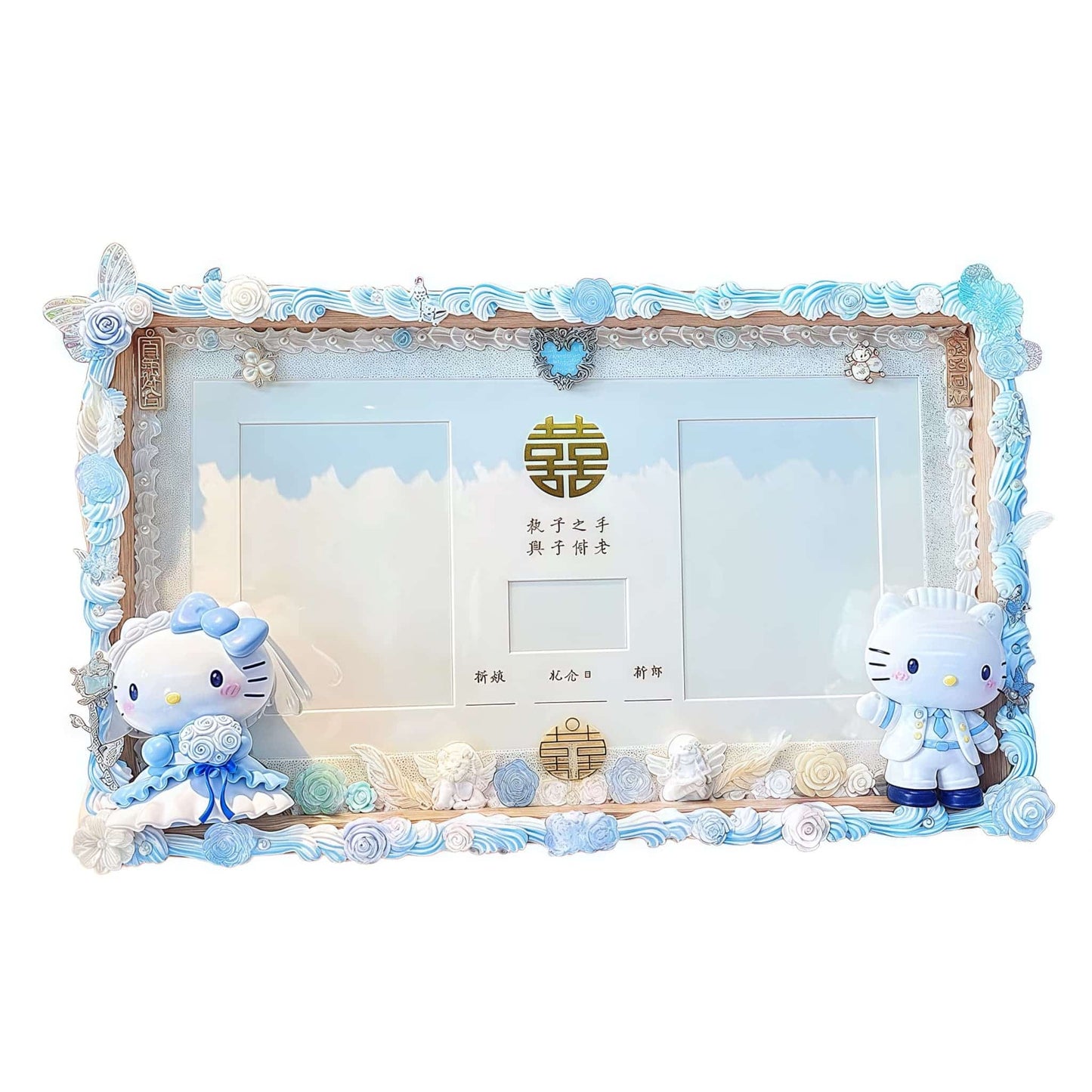 Handmade Hello Kitty decoden marriage certificate frame in blue, featuring cream glue decorations and kawaii embellishments