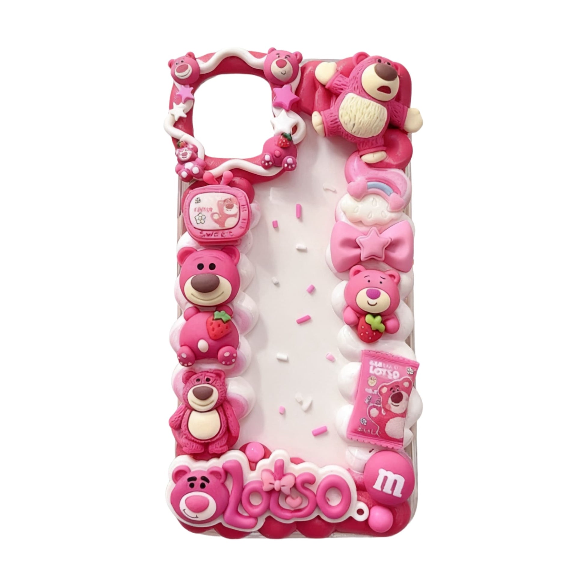 Handmade pink Lotso decoden phone case with cream glue embellishments, Baroque Y2K kawaii aesthetic