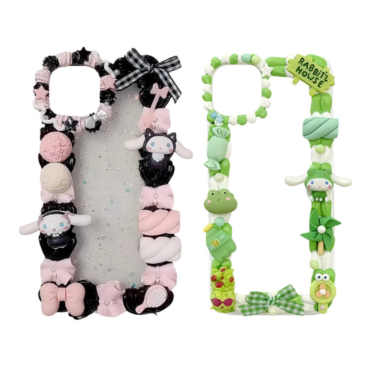 Handmade black Cinnamoroll decoden phone case with Y2K cream glue design and kawaii Sanrio charms