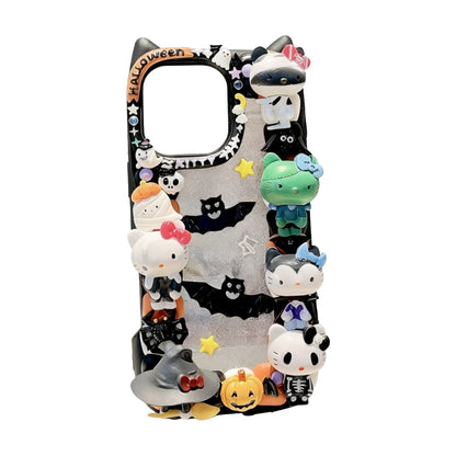 Gothic decoden phone case with spooky 3D cream texture featuring Halloween themed Sanrio charms and dark embellishments
