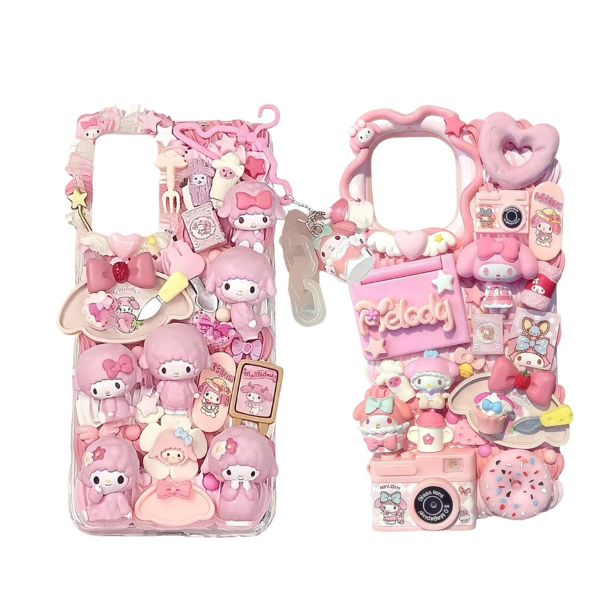 Handmade decoden phone case featuring Sanrio My Melody character with pink cream glue design and pearl embellishments