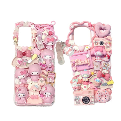 Handmade decoden phone case featuring Sanrio My Melody character with pink cream glue design and pearl embellishments