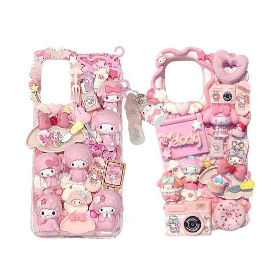 Handmade decoden phone case featuring Sanrio My Melody character with pink cream glue design and pearl embellishments