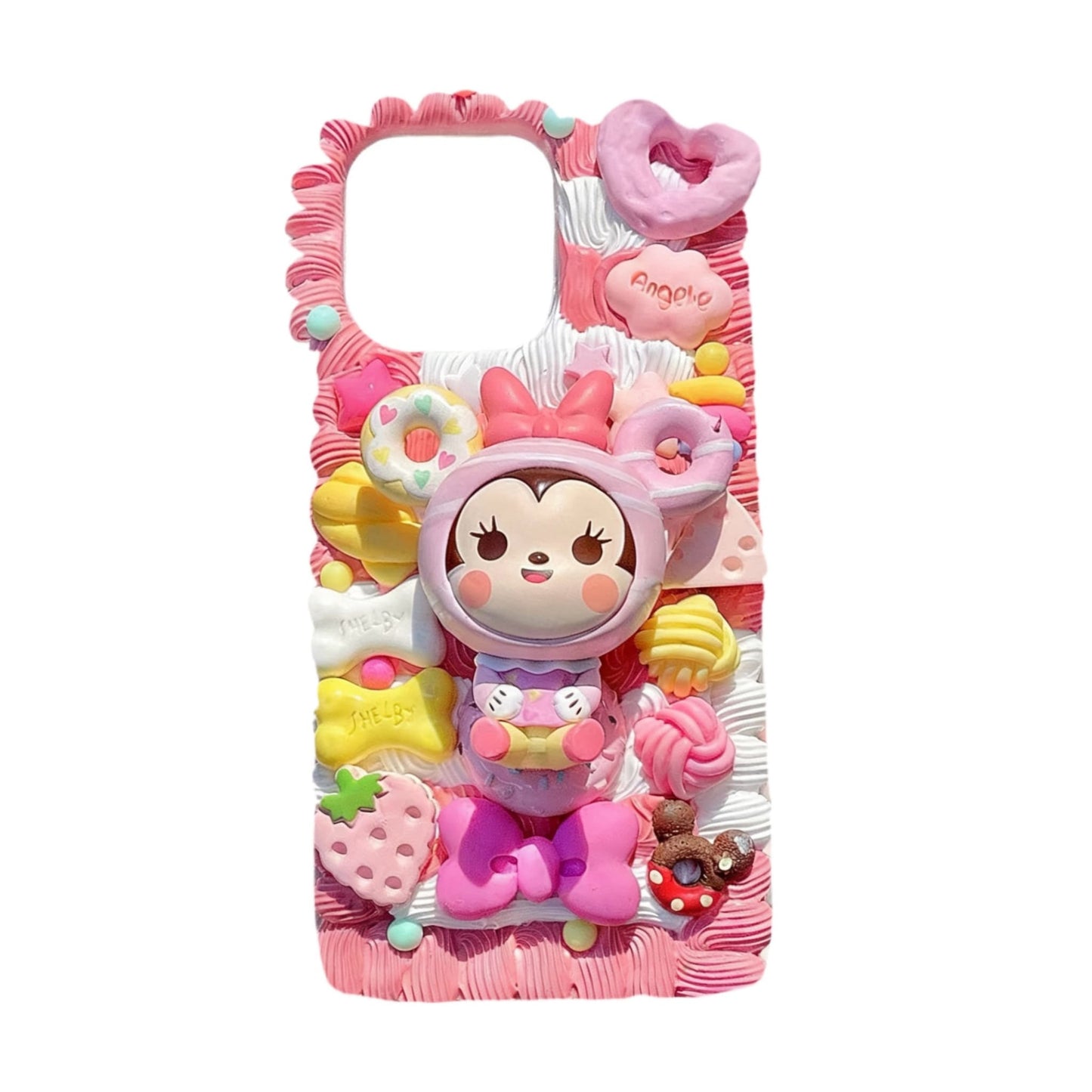 Close-up of luxury decoden phone case with Minnie cream glue pattern, handcrafted baroque details and kawaii Y2K style