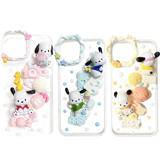 Handmade Sanrio Pochacco decoden phone case with cream glue design and kawaii dog character embellishments