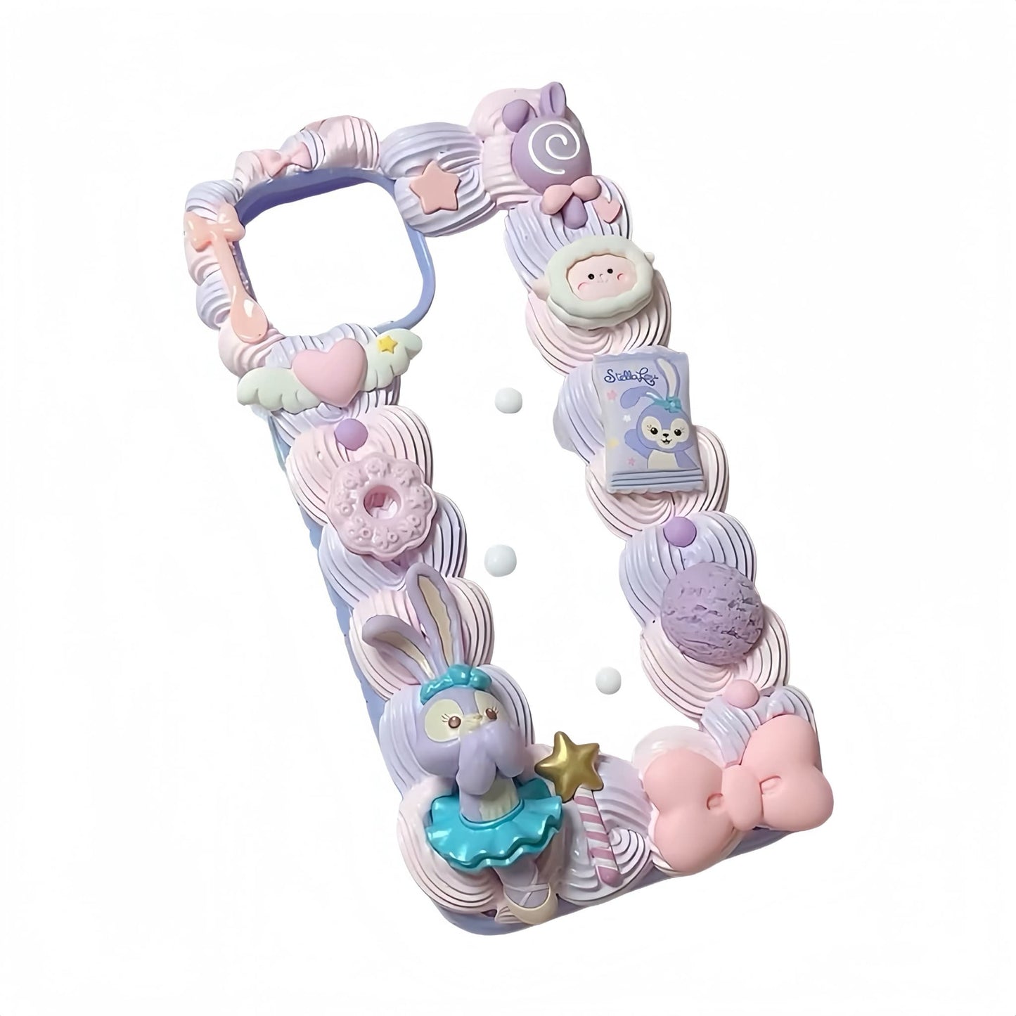 Purple Y2K decoden phone case featuring handcrafted cream glue decorations and cute accessories