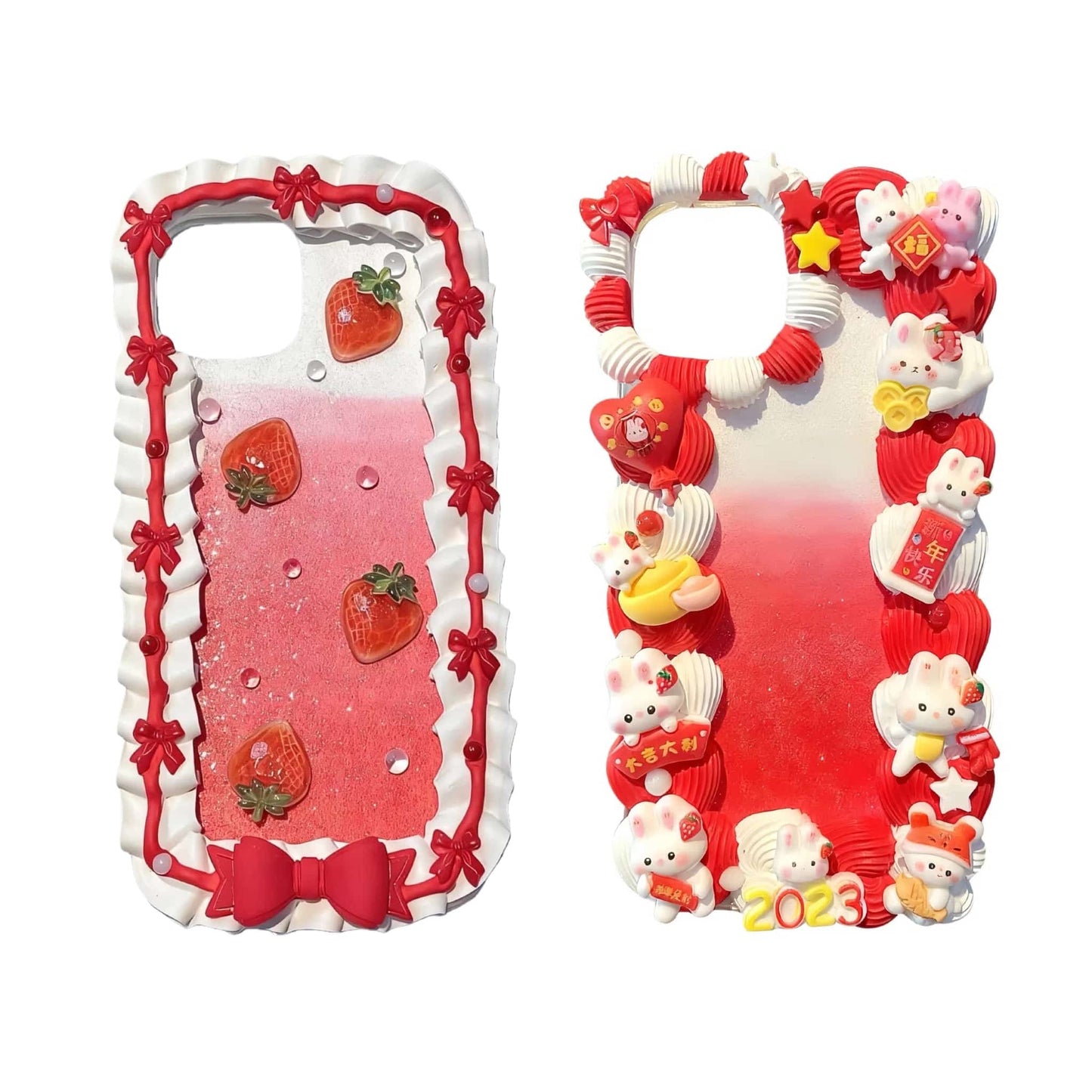 Handmade red decoden phone case with cream glue embellishments, Baroque Y2K kawaii aesthetic design