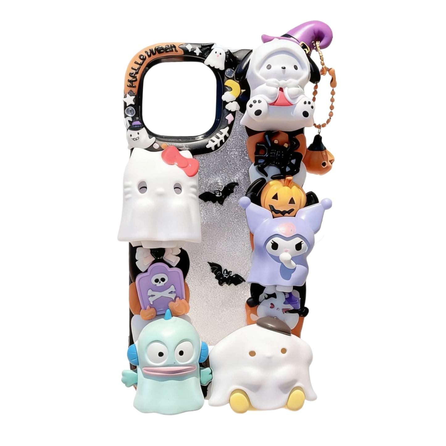 Handmade Halloween decoden phone case with kawaii Sanrio characters, 3D whipped cream design and spooky gothic details