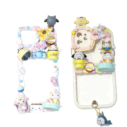 Custom handmade Sanrio decoden phone case with 3D cream glue embellishments and kawaii baroque aesthetic