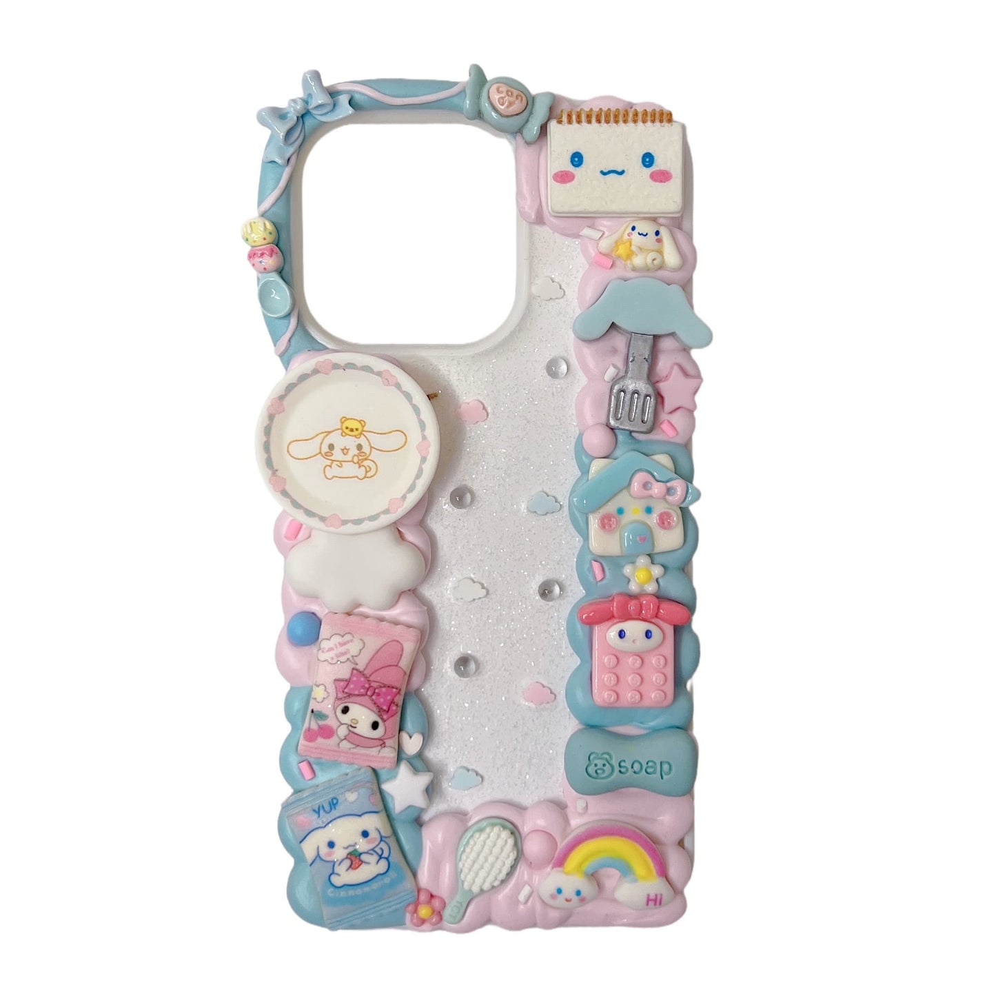 Luxury handmade Sanrio decoden phone case with pastel blue aesthetic, 3D decorative elements, and Y2K inspired design