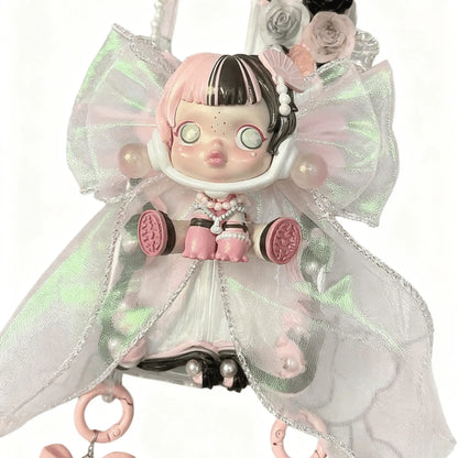 Detailed view of handmade Skullpanda cream glue phone case with baroque ornaments and kawaii decorations