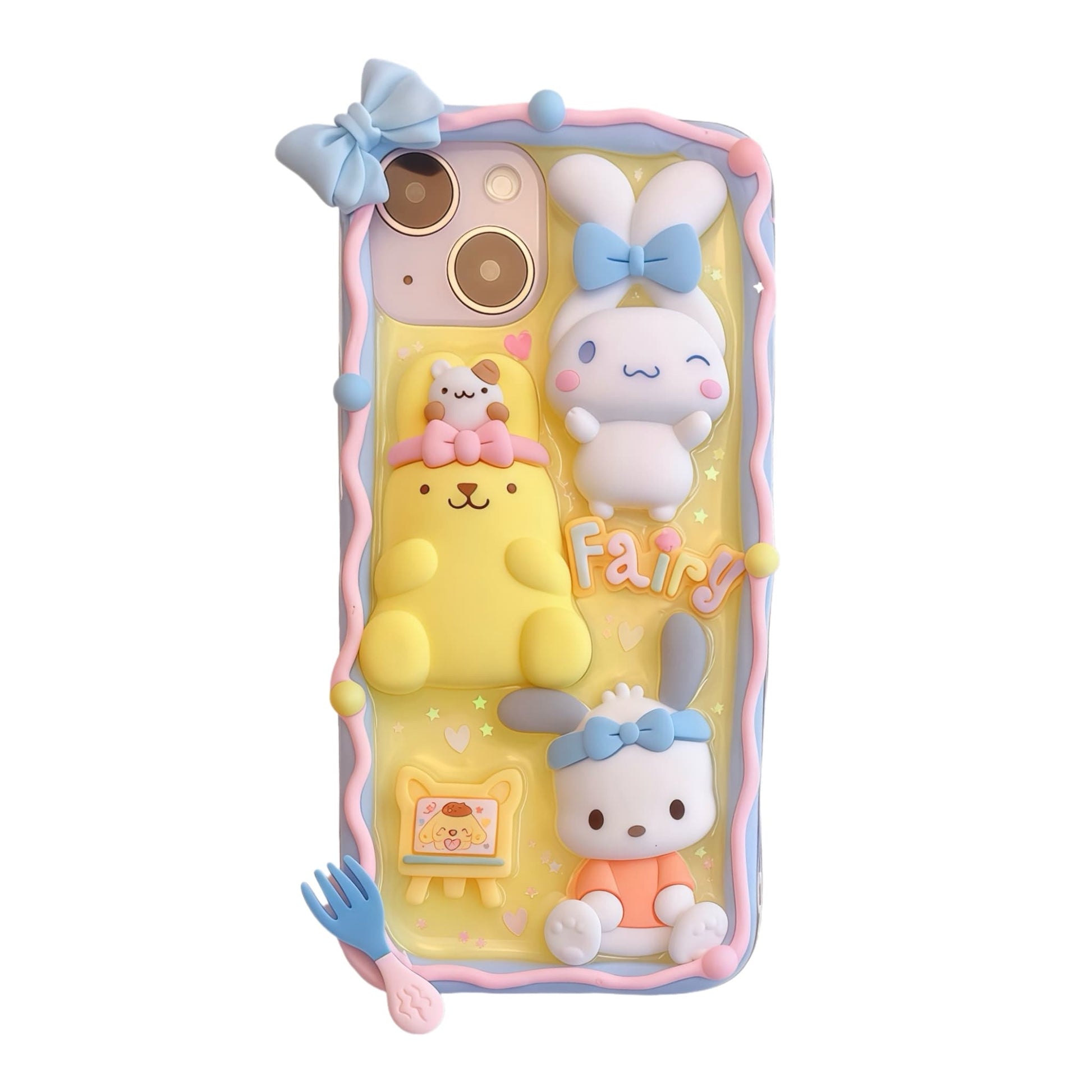 Luxury yellow bling decoden phone case with 3D Sanrio character design, cream glue decorations, and glittering crystal accents