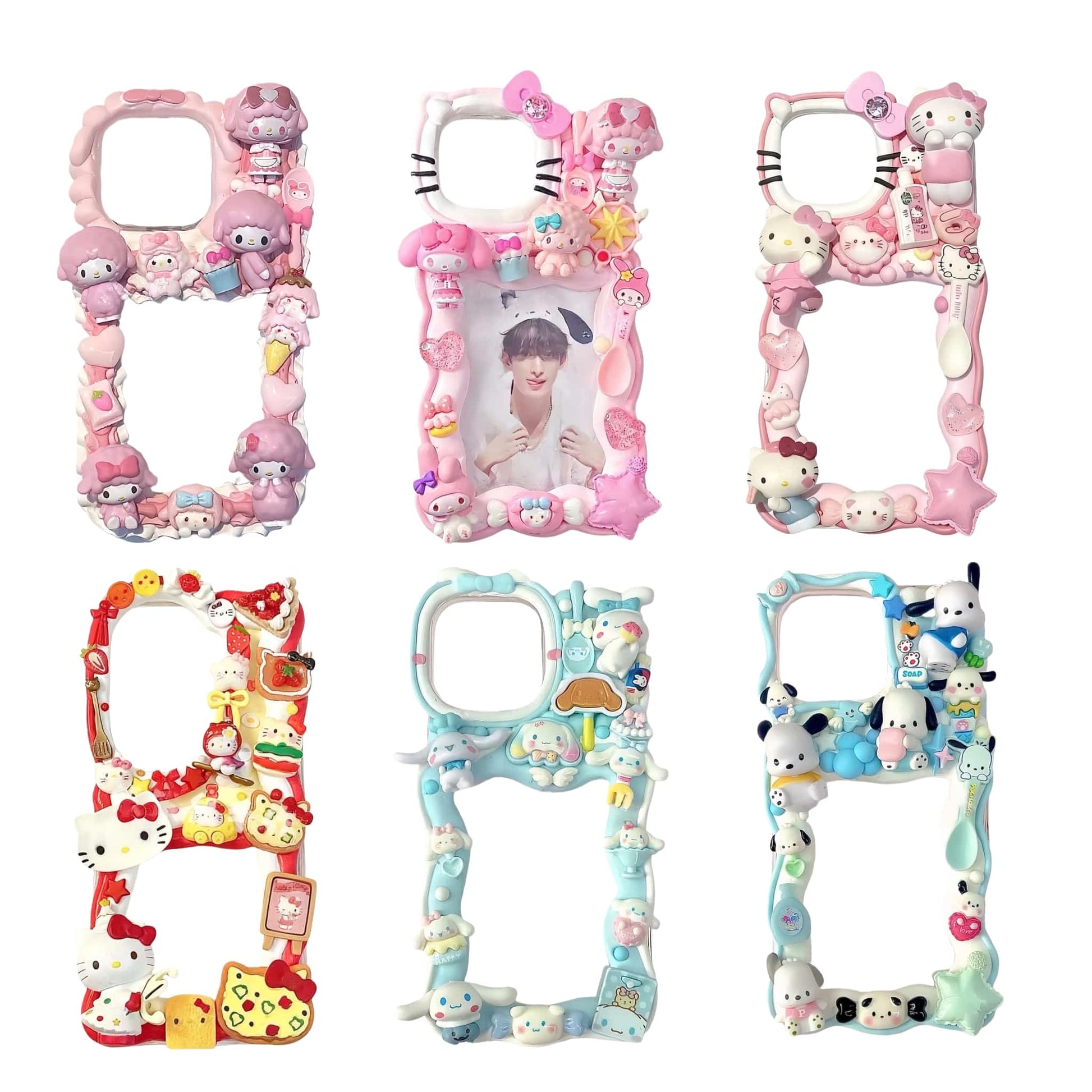 Handmade Sanrio decoden card holder phone case with 3D whipped cream design and kawaii character decorations