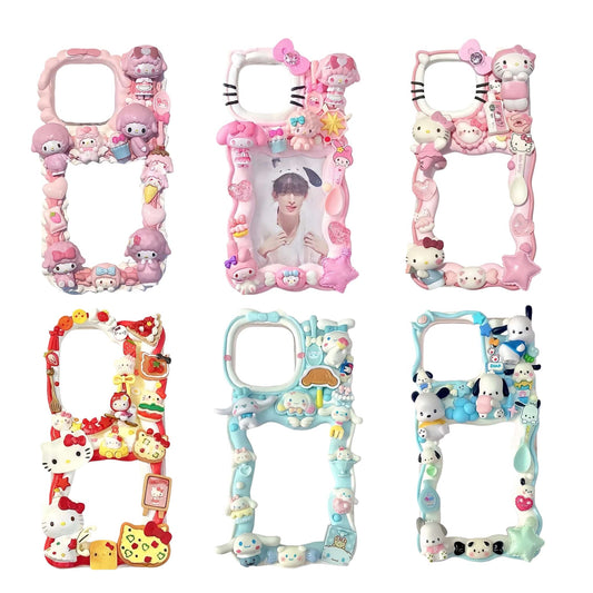 Handmade Sanrio decoden card holder phone case with 3D whipped cream design and kawaii character decorations
