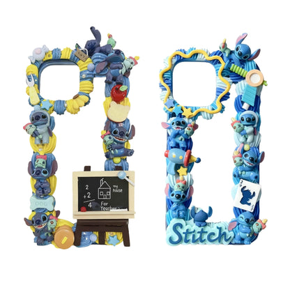 Close-up detail of luxury decoden phone case with handcrafted Stitch character, cream glue texture, and baroque pearl accents