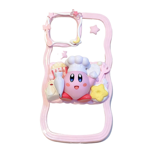 Handmade kawaii Kirby decoden phone case with 3D cream glue design, featuring baroque-inspired embellishments and Y2K aesthetic for luxe everyday protection