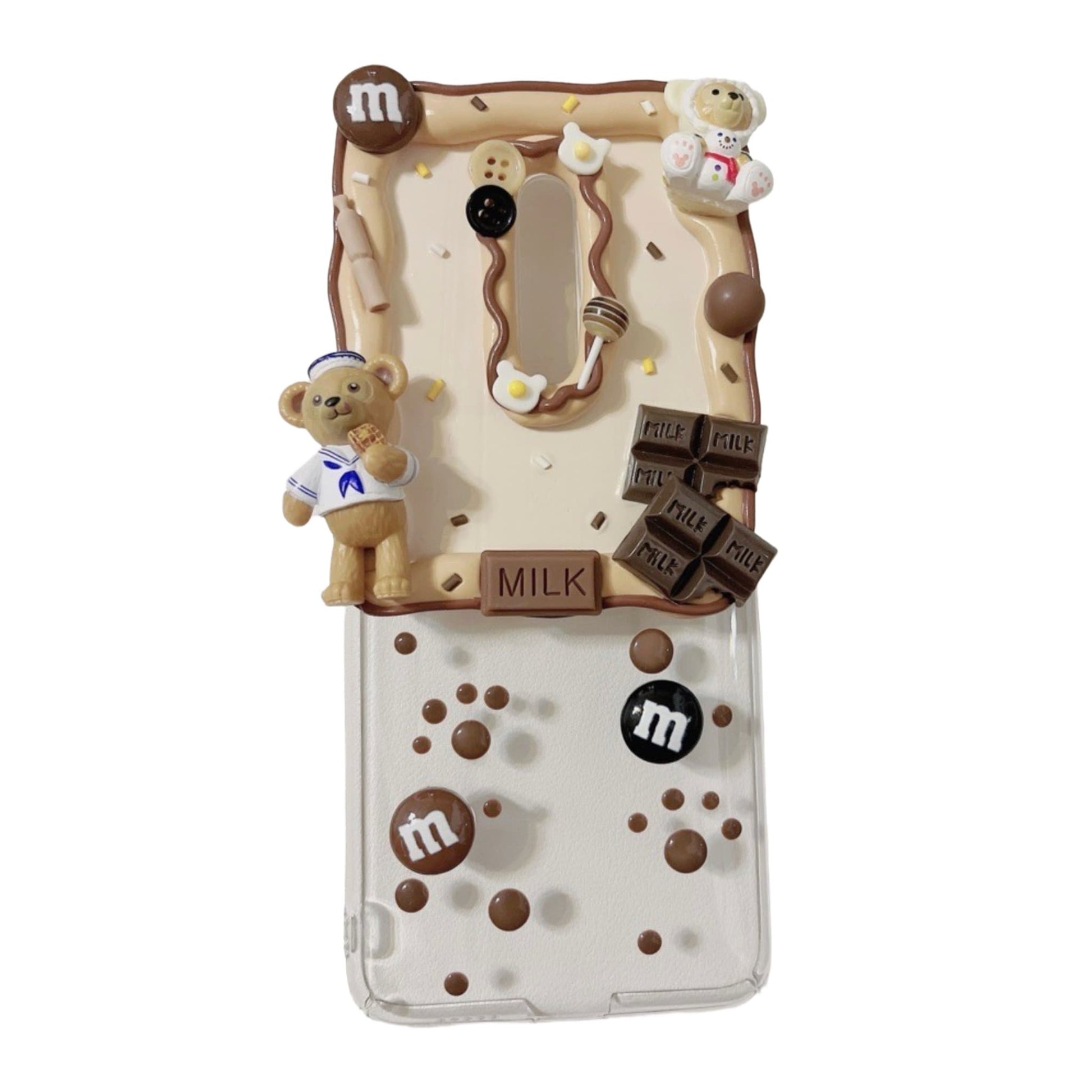Luxury handmade phone case with Sanrio-style bear character, premium decoden craftsmanship and ornate details