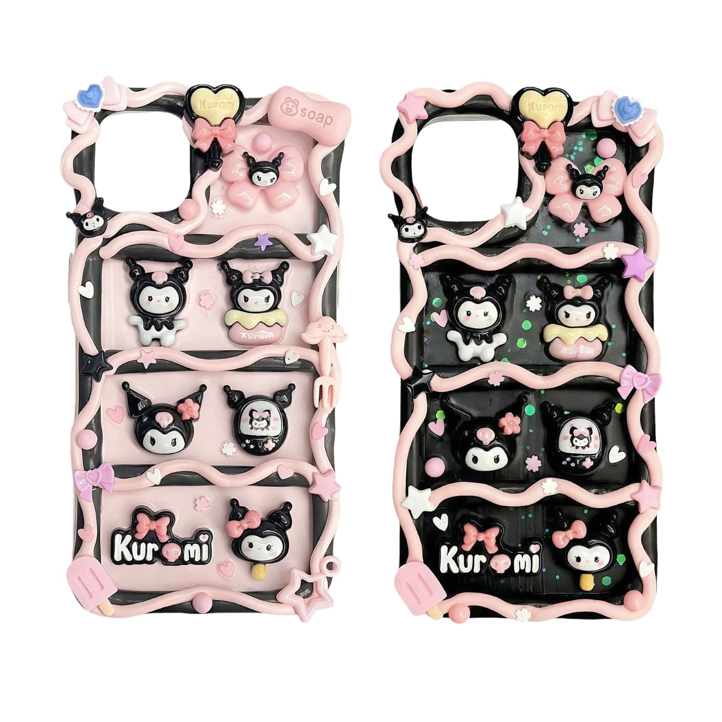 Handmade kawaii Sanrio Kuromi decoden phone case with cream glue baroque design and purple character charms