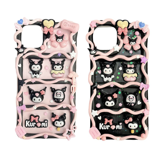 Handmade kawaii Sanrio Kuromi decoden phone case with cream glue baroque design and purple character charms