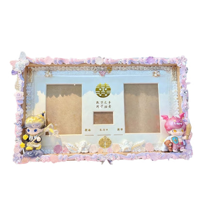 Handmade pink decoden wedding certificate frame with cream glue flowers and hearts - baroque style bridal gift