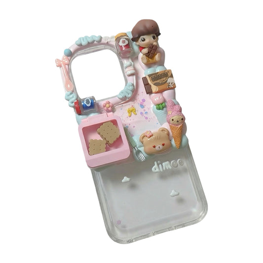 Handmade Y2K Dimoo decoden phone case with kawaii cream glue design and colorful charms