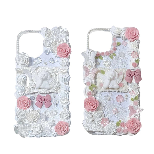 Premium baroque decoden phone case with pink roses and pearls