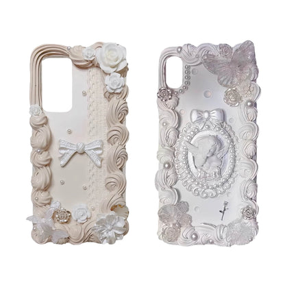 Handmade baroque decoden phone case with fairytale angel design and cream glue embellishments