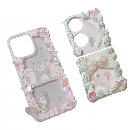 Handmade Y2K Decoden phone case with baroque rococo cream glue design featuring angel and floral decorative elements