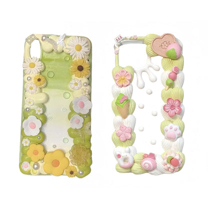 Green fairytale baroque decoden phone case with handmade floral cream glue details